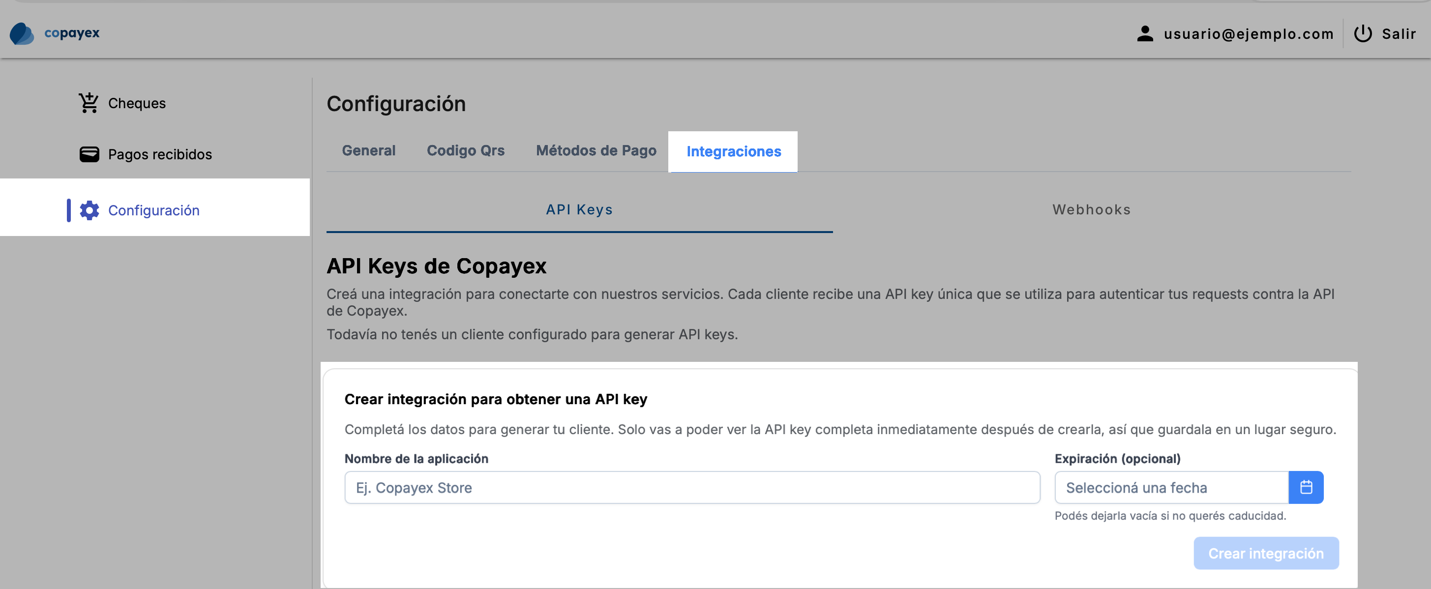 Formulario para crear el client en Copayex
